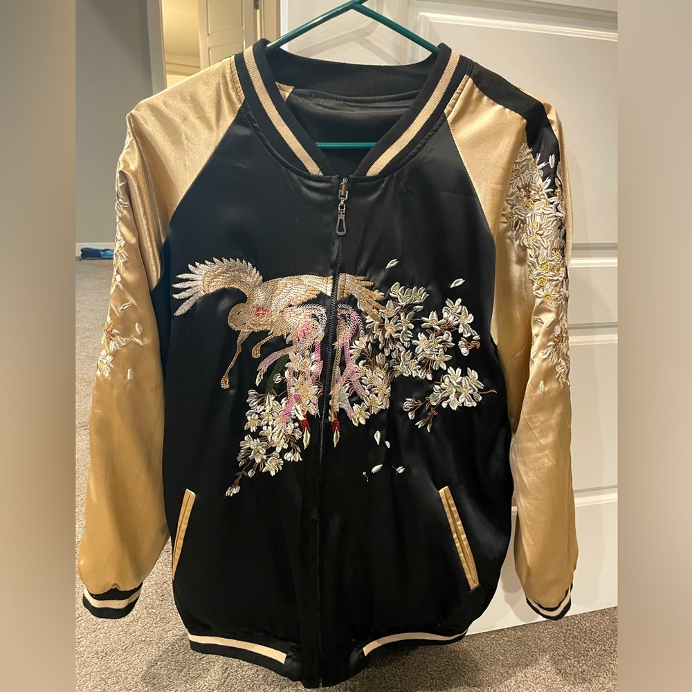 Satin Embroidered Bomber Jacket, VKOZEN, reversible